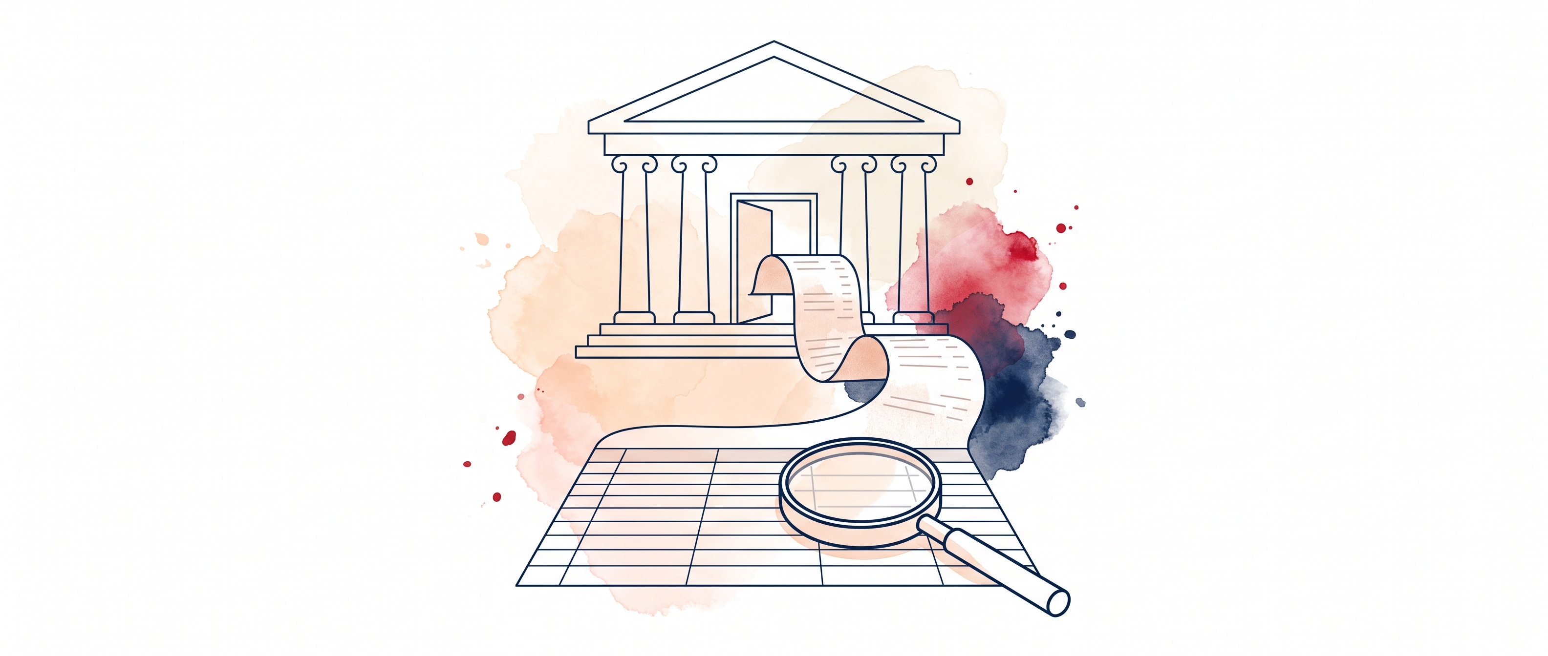 Watercolor illustration of statement pages unspooling from a bank building and flattening into a spreadsheet