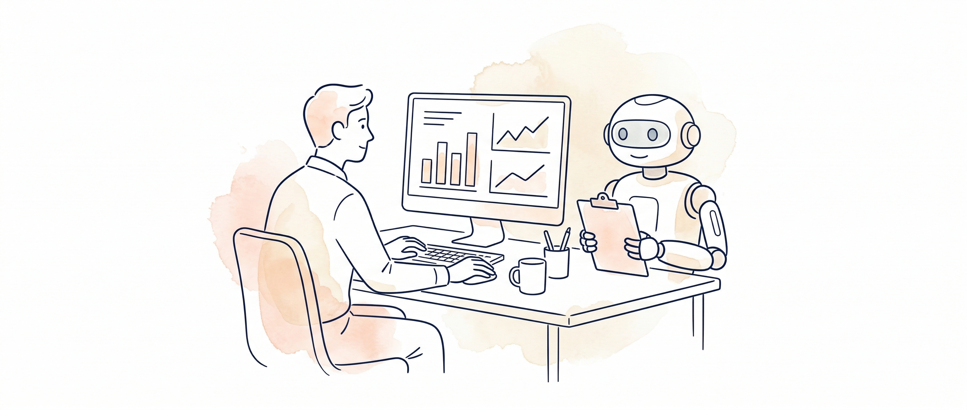 Watercolour illustration of an AI copilot robot beside a human accountant reviewing financial charts
