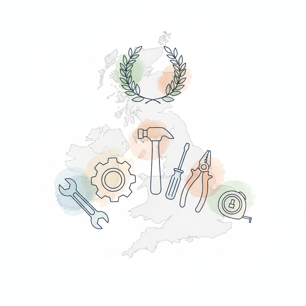 Watercolour illustration of six tool icons on a podium with a UK map and laurel wreath