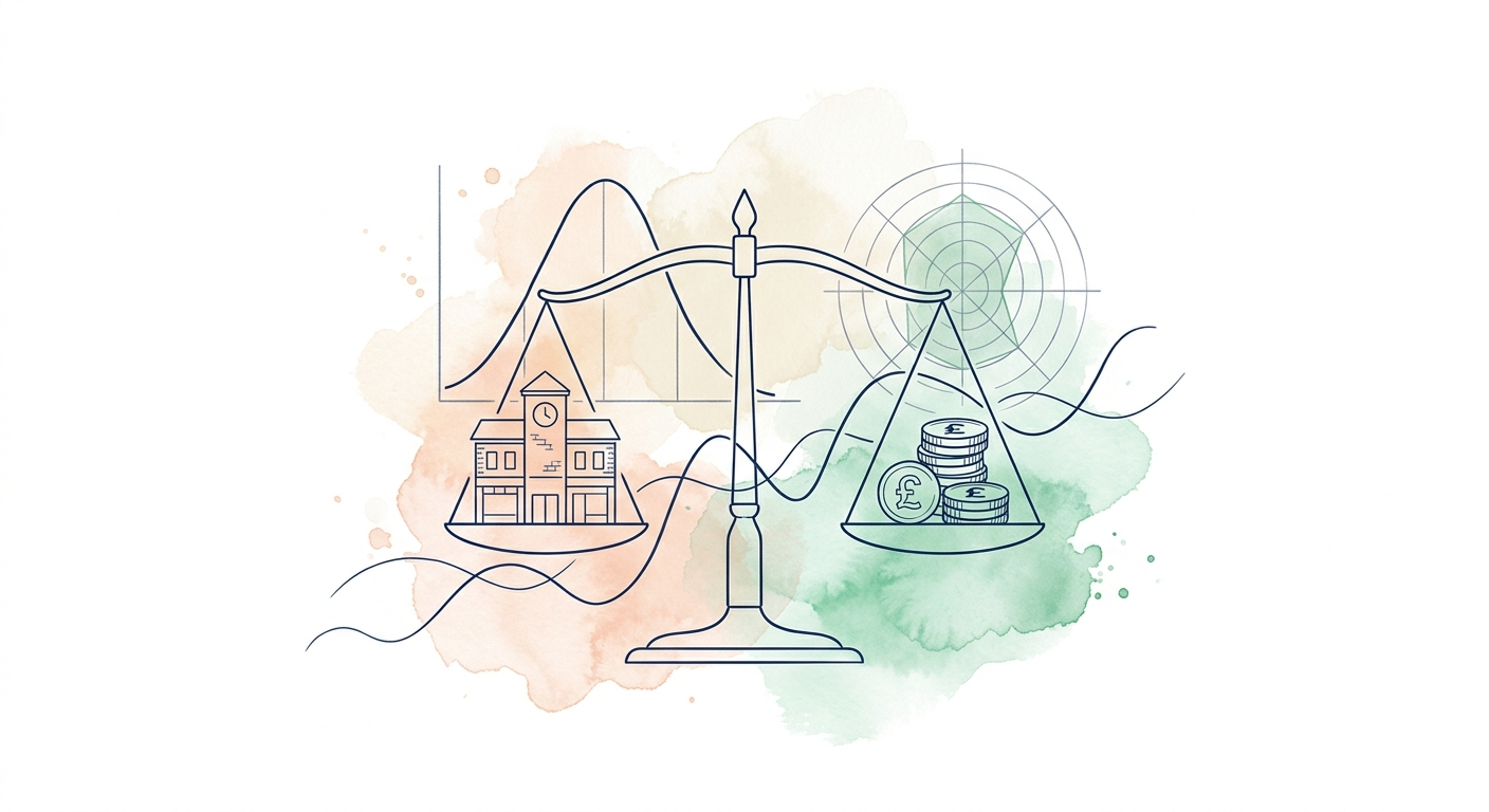 Watercolour illustration of balance scales weighing a business building against coins, with a bell curve and radar chart