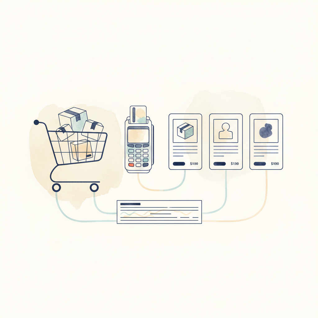 Watercolour illustration of e-commerce elements connecting to bank reconciliation