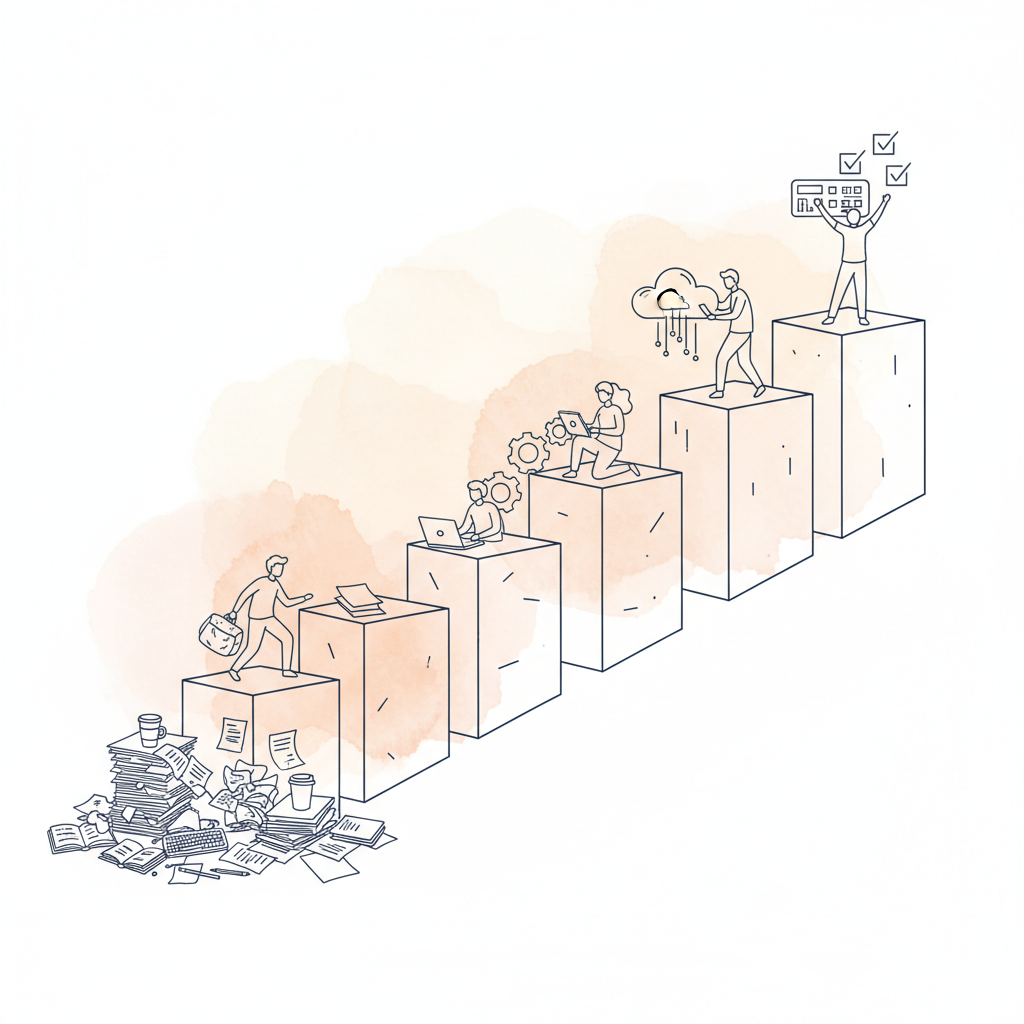Watercolour illustration of ascending steps from manual bookkeeping to automated reconciliation