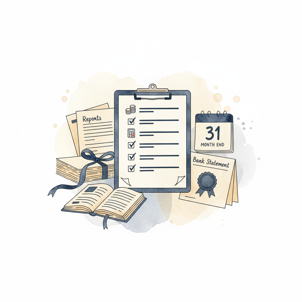 Watercolour illustration of month-end accounting checklist