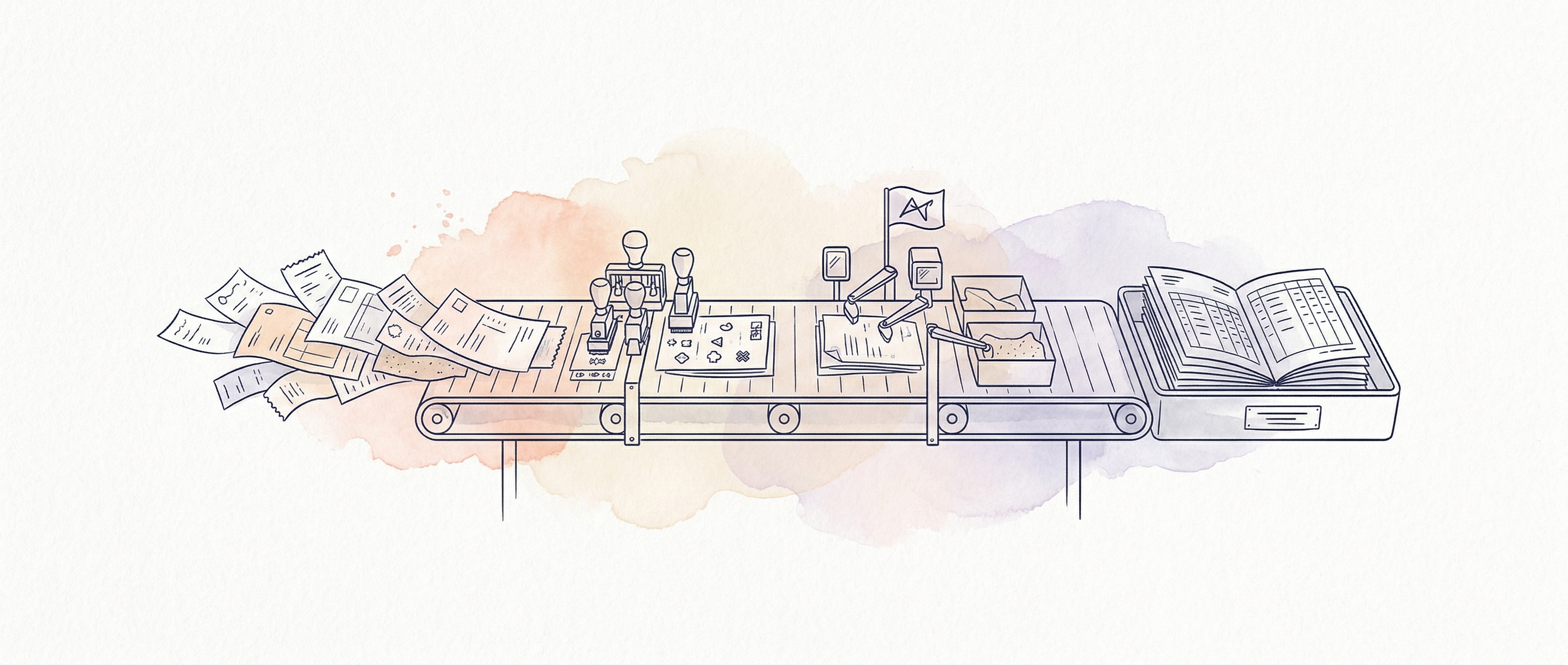 Watercolour illustration of automated bookkeeping conveyor belt with coding and VAT stations