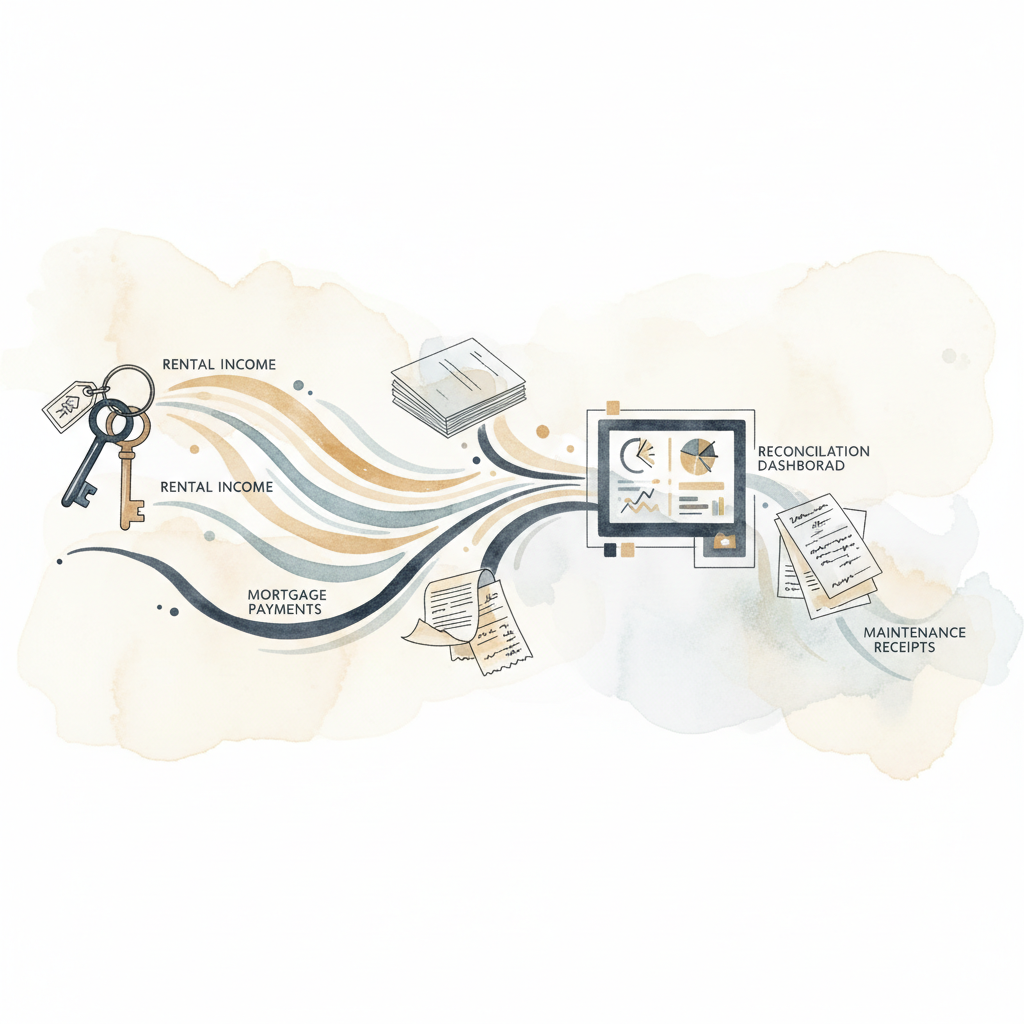 Watercolour illustration of property accounting with rental income and expenses