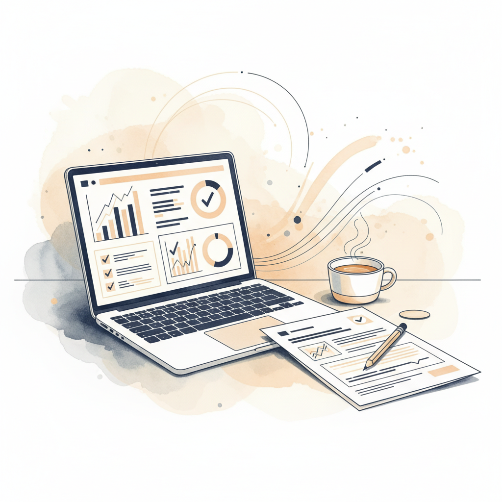 Watercolour illustration of a desk with laptop showing reconciliation dashboard and bank statement