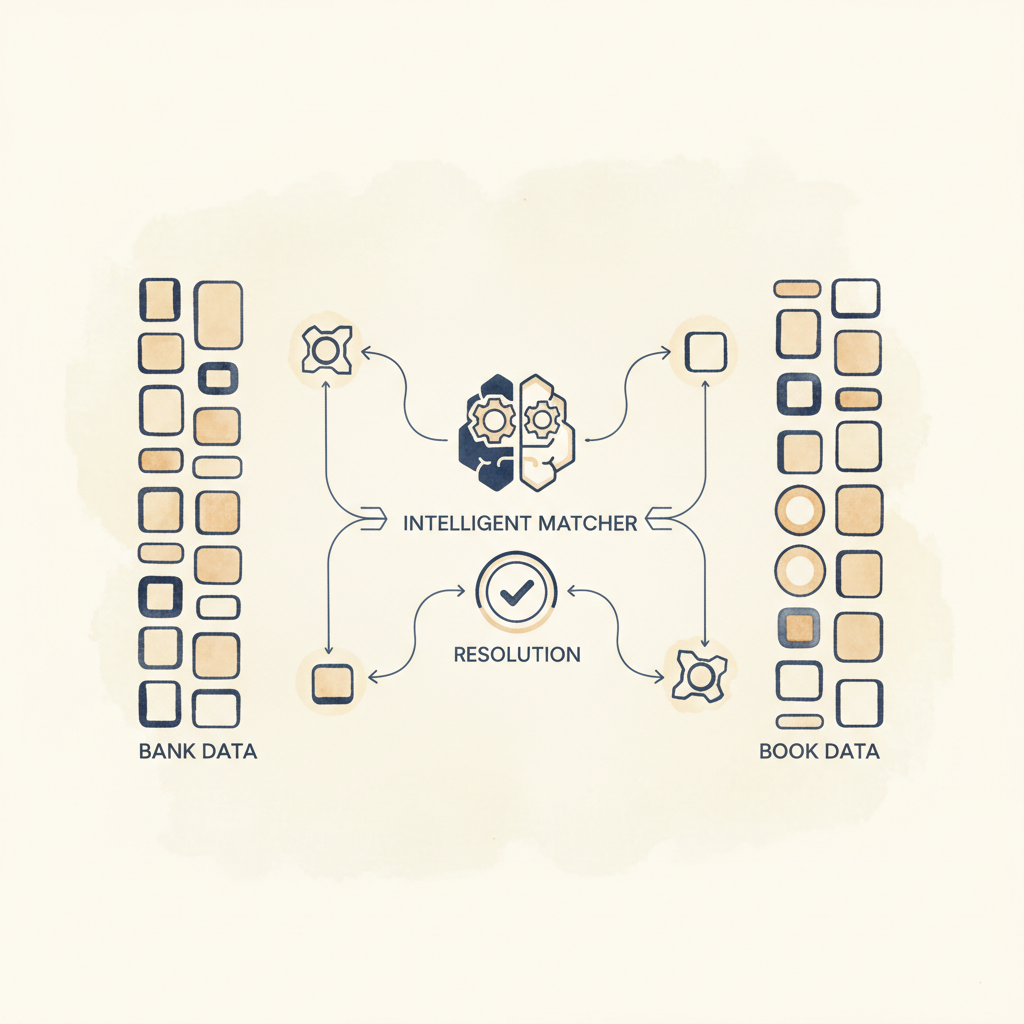 Watercolour illustration of bank and book data being matched together