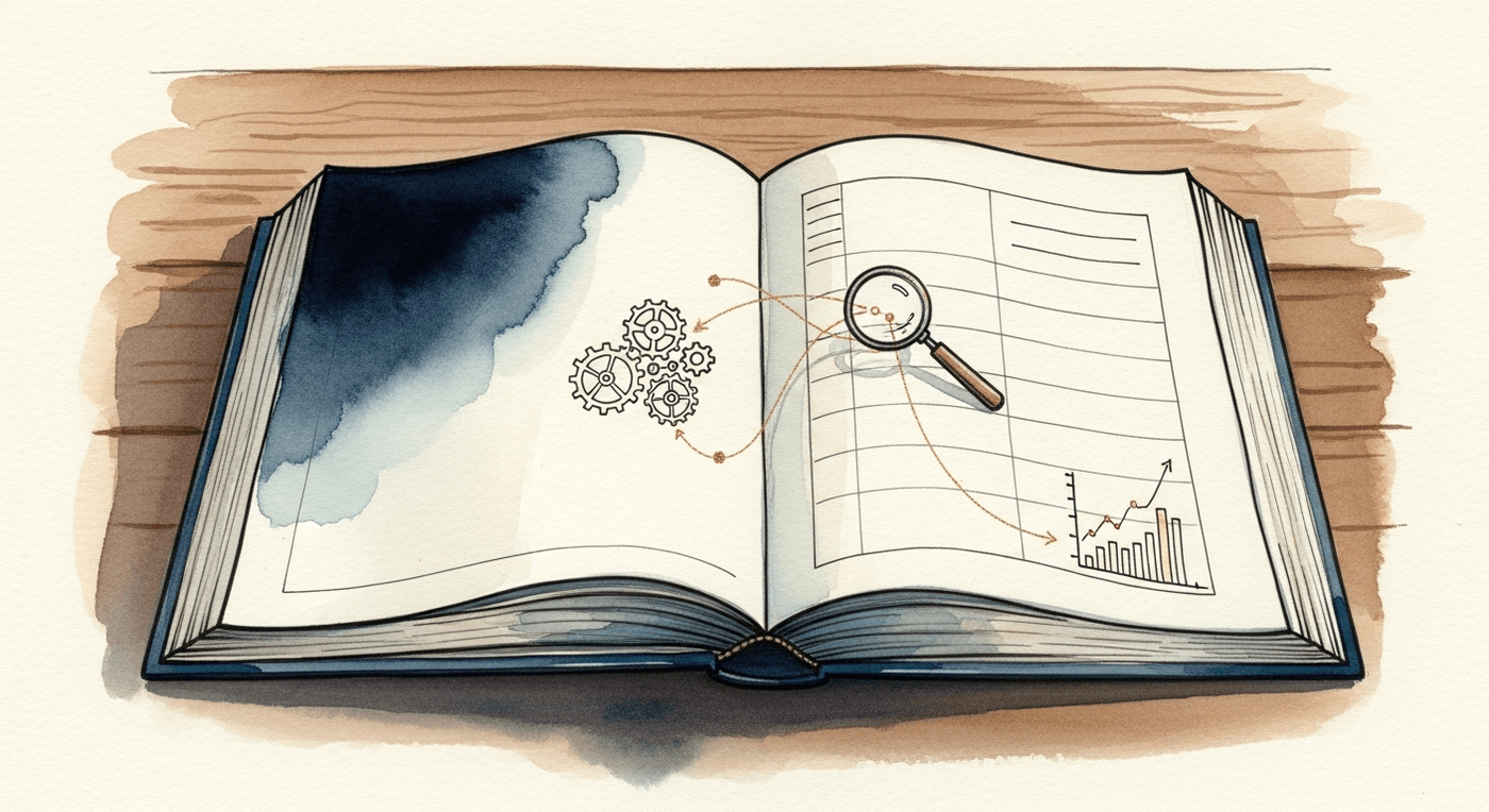 Watercolour illustration of a bookkeeper's open ledger with automation tools built into its pages