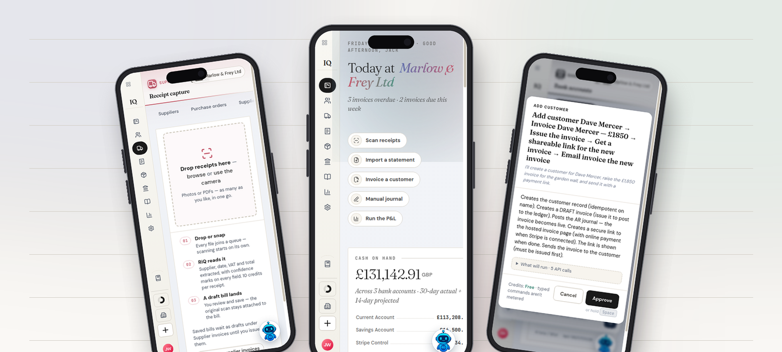 Three phones running the IQ Books app: receipt capture, the Today dashboard, and RiQ raising an invoice by voice