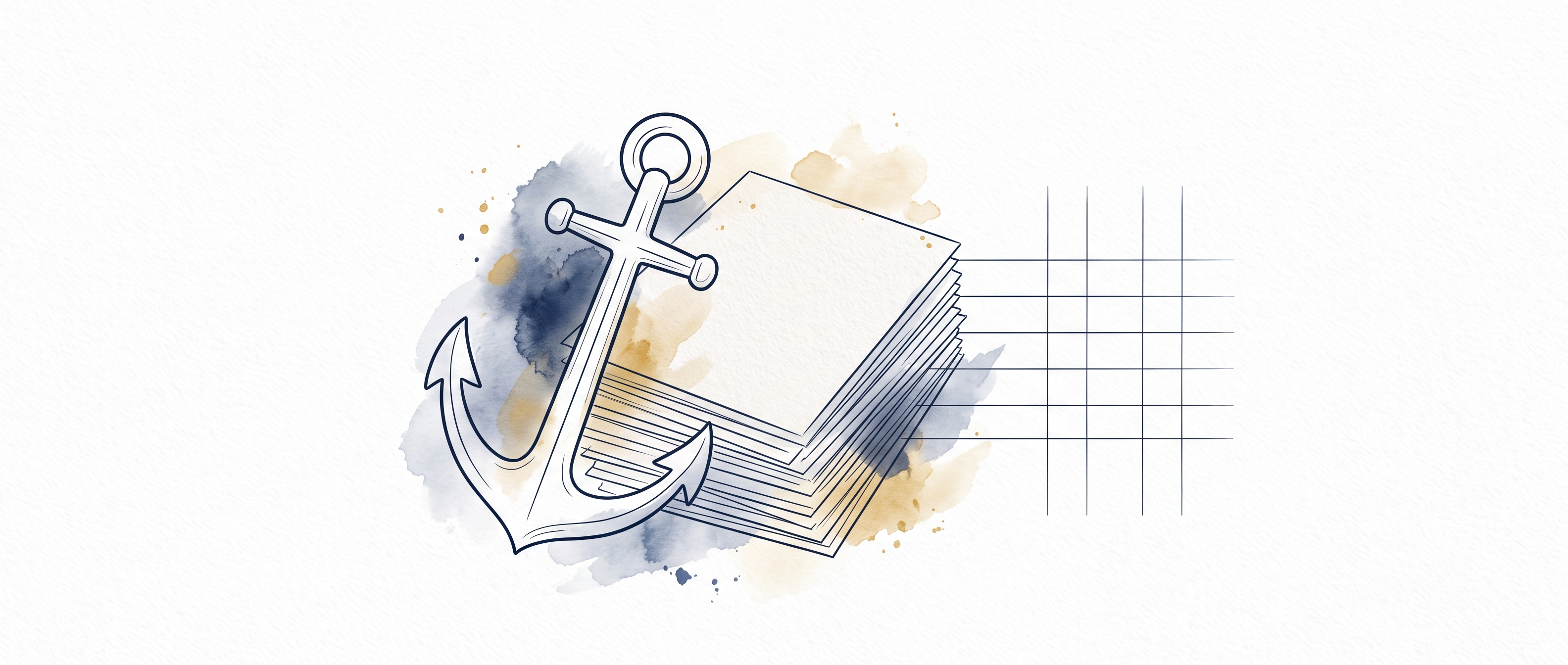 Watercolor illustration of an anchor resting against a stack of statement pages feeding into an empty grid