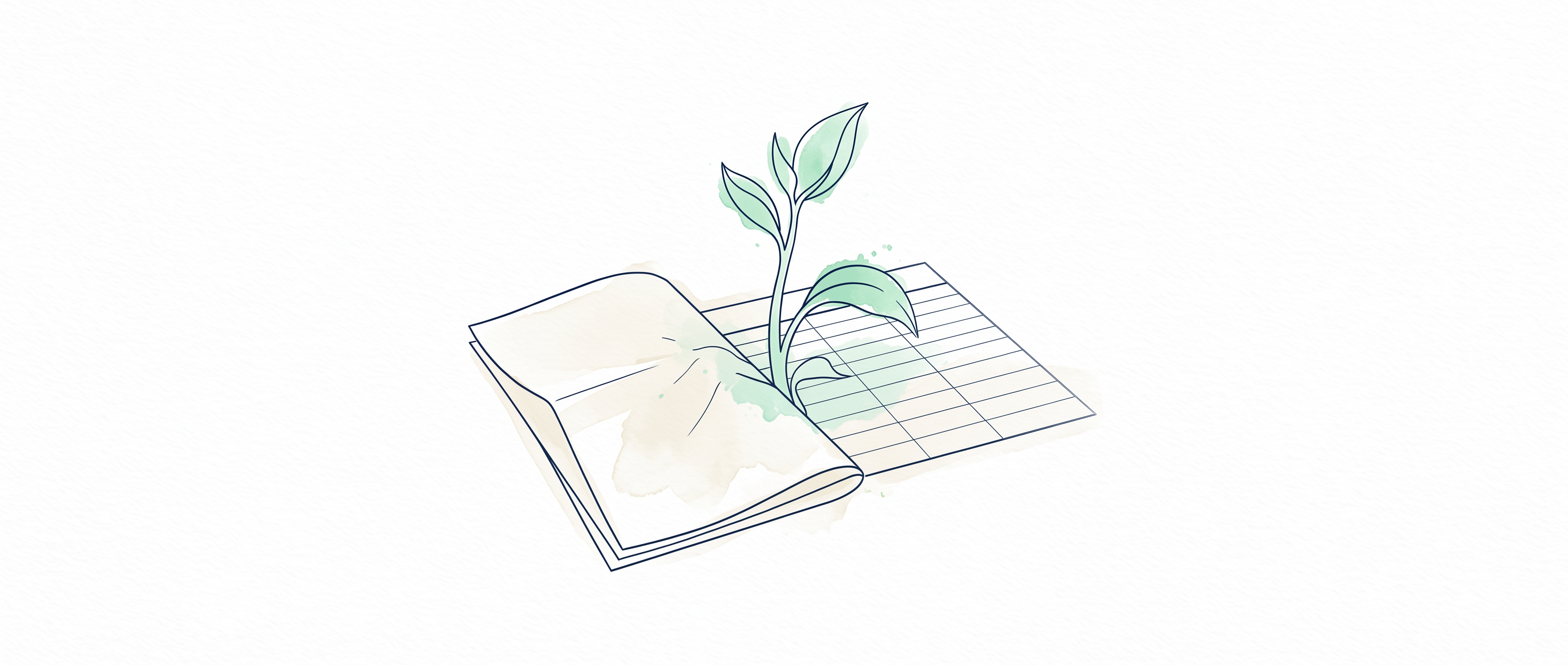 Watercolor illustration of a seedling growing out of a folded statement page, its leaves unfurling into spreadsheet rows