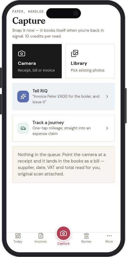 The Capture tab in the IQ Books app: camera, library, Tell RiQ and one-tap journey tracking