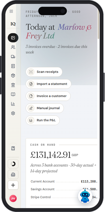 IQ Books Today screen on a phone showing cash on hand across three bank accounts and quick actions
