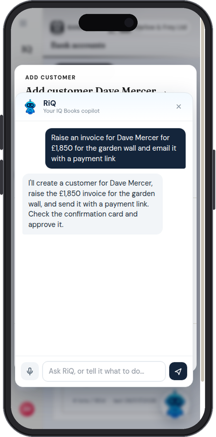 RiQ chat in the IQ Books app receiving the instruction to raise and email an invoice