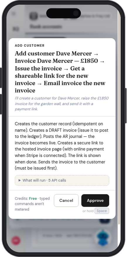 RiQ's confirmation card showing the full plan: add customer, raise the £1,850 invoice, issue it, create a payment link, email it