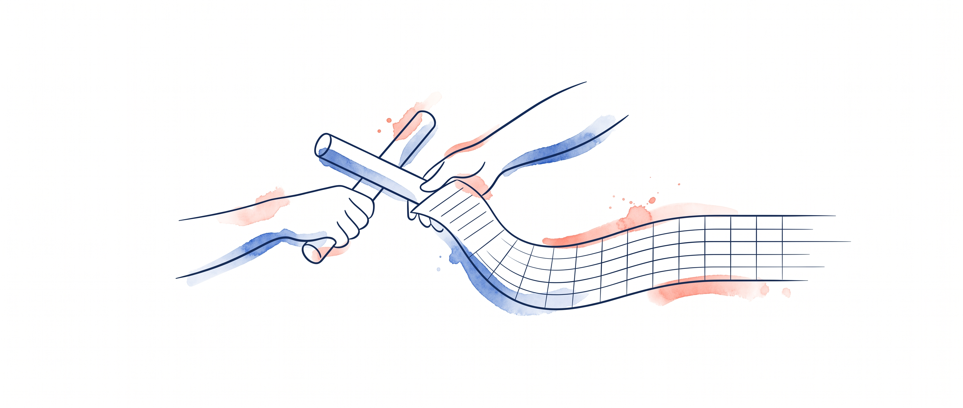 Watercolor illustration of a relay baton passed between two hands, a ribbon of ruled paper trailing into a grid