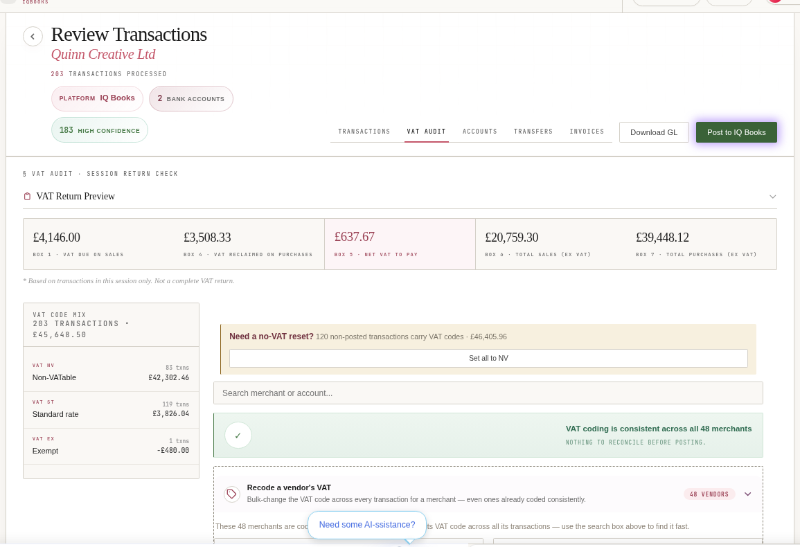 CodeIQ VAT audit view with VAT return preview boxes and per-code totals before posting