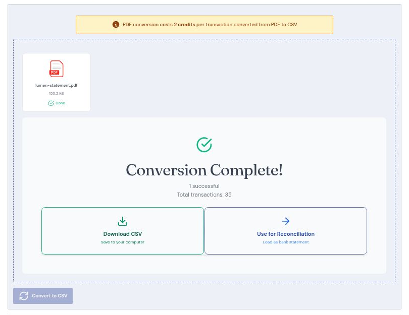 A completed KeyBank statement conversion showing 35 extracted transactions with download and reconcile options