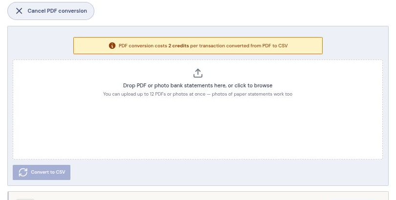 The ReconcileIQ PDF converter upload area accepting KeyBank PDF, scanned and photographed bank statements