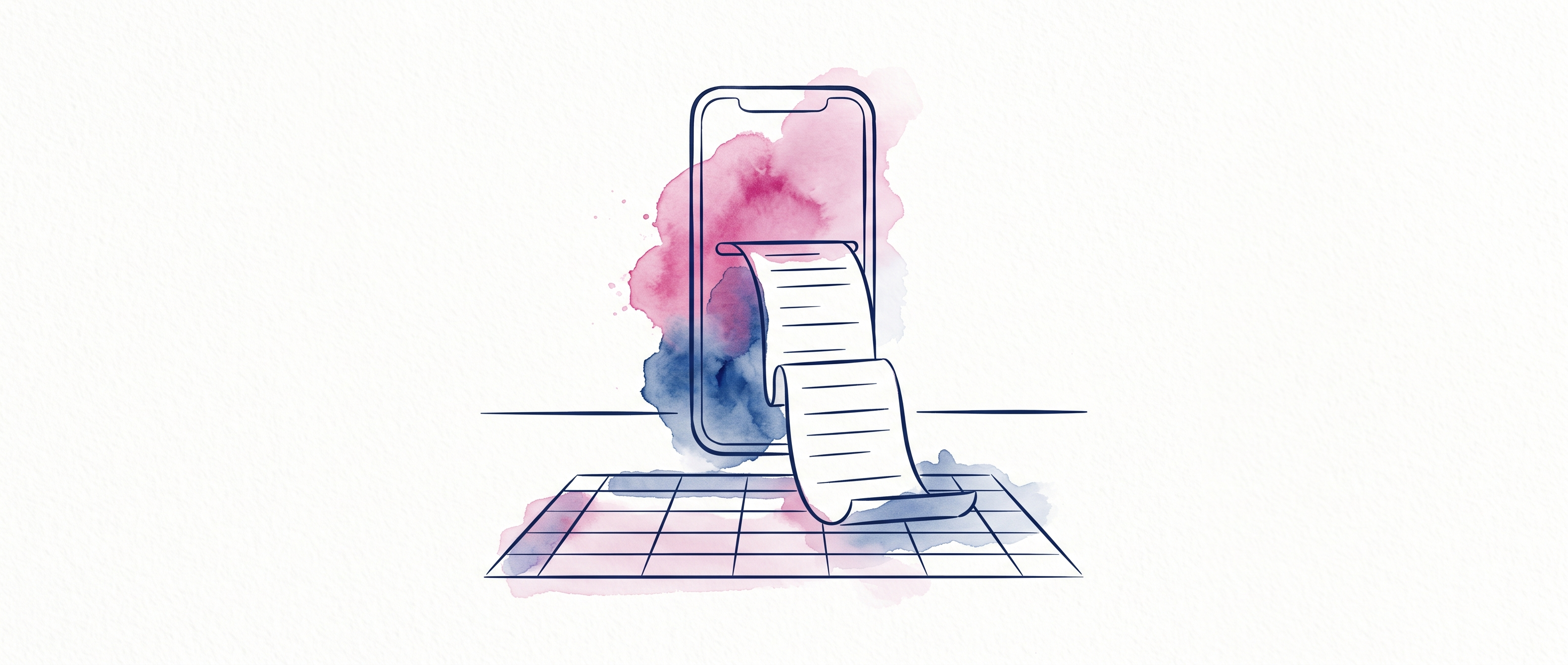 Watercolor illustration of a smartphone with a ribbon of transaction lines streaming into a spreadsheet grid