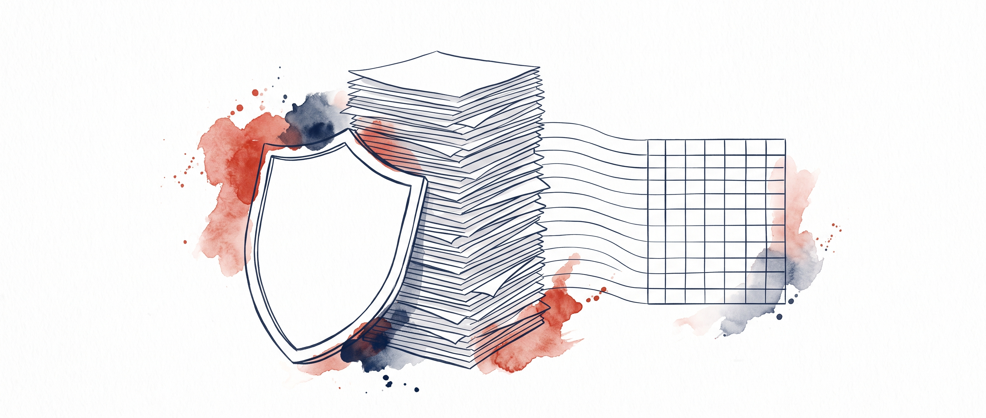 Watercolor illustration of a shield resting on a stack of statement pages that square into an empty grid