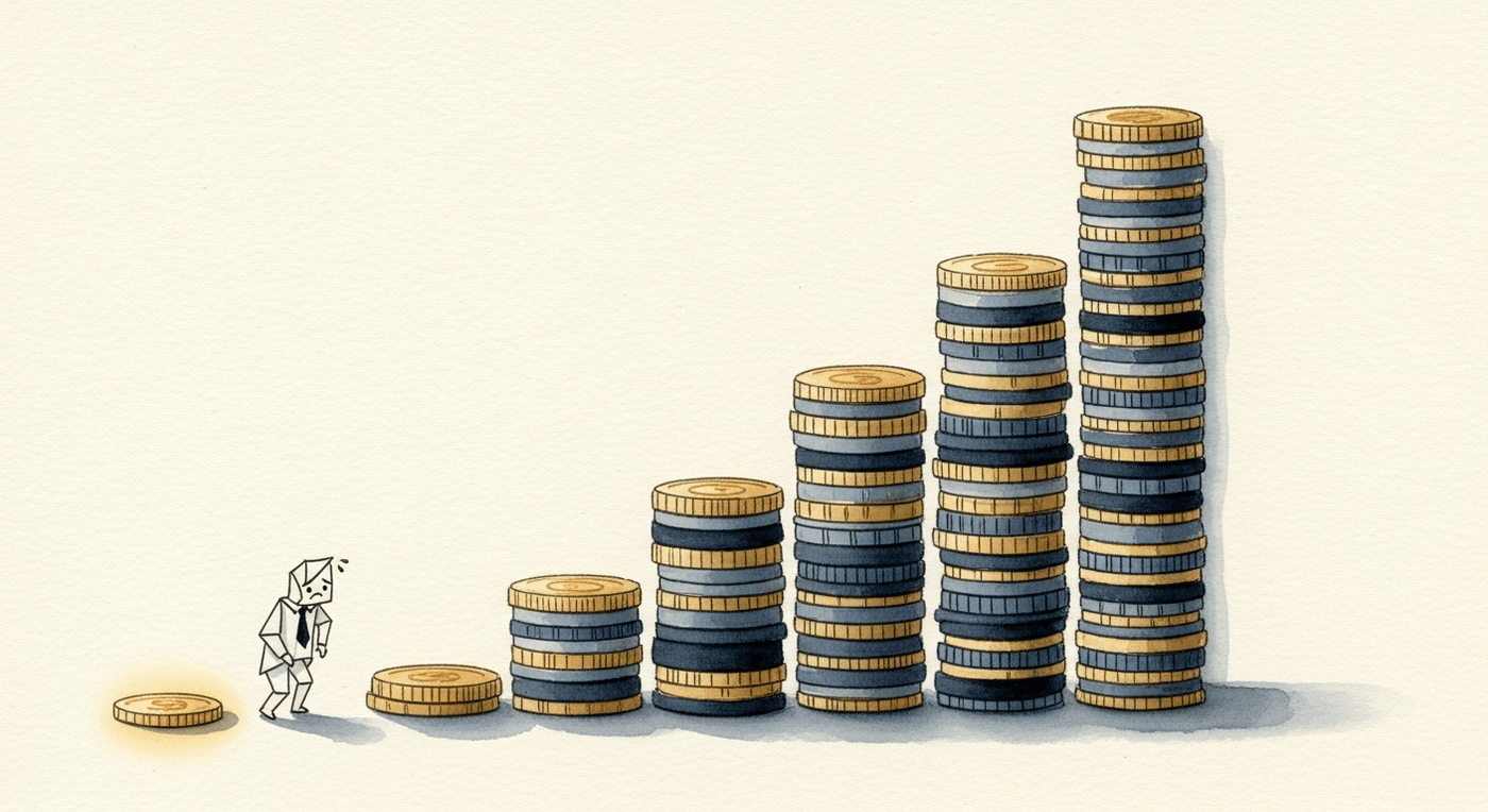Watercolour illustration of a steep rising staircase of coins beside one small steady coin