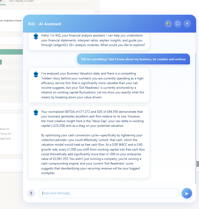 The RiQ assistant panel inside LedgerIQ, navigating analysis modules and writing a narrative summary of the financial results