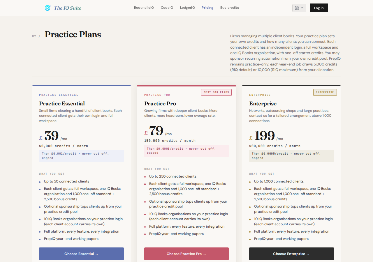 The IQ Suite practice pricing screen showing client account limits and independent client credits