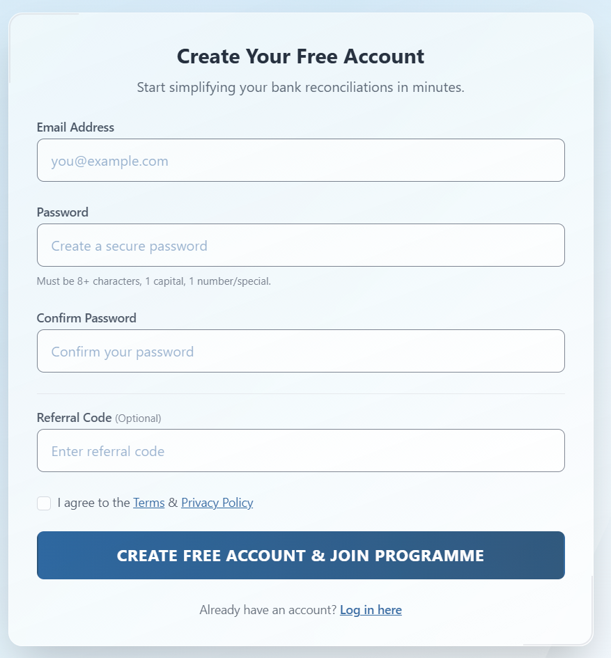 ReconcileIQ Sign Up Process